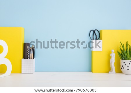 Yellow, blue desk Mock up.