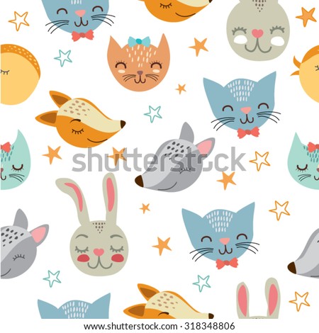 vector illustration. cute animals. cats, foxes, wolves, birds and rabbits. pattern