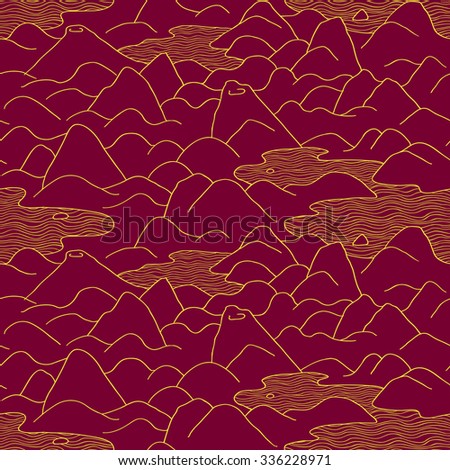 Mountains pattern. Vector seamless pattern with hills, lakes and peaks. Background with landscape. Illustration.