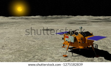 China`s Chang e 4 lunar probe landed on the surface of the moon with the sun in the background. 3D illustration