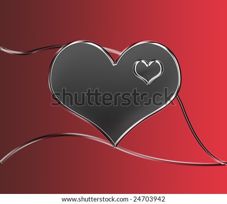 heart with beautiful dark silver metal edge of a hanging wire  with red background