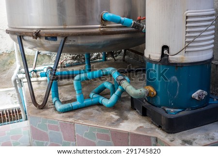 residential water system including water storage tank, water pump and piping system