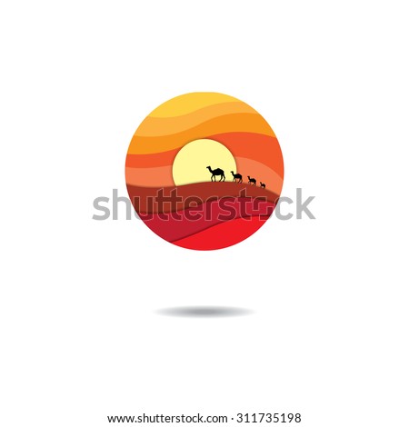 Isolated abstract desert logo in white background. showing sand dune, sun and camels