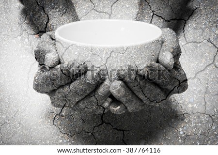 Double exposure hunger begging hands and dry soil. Represent that lot of people in the world are hungry and starvation, they need help and hope for better life