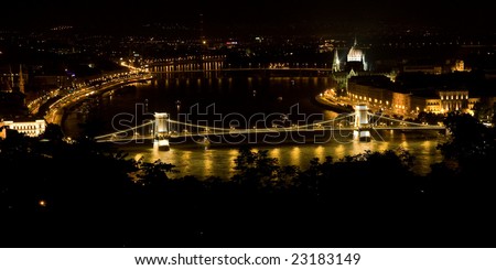 Budapest, Hungary\'s capital at night with the Parlament and the Chain Bridge over the River Danube