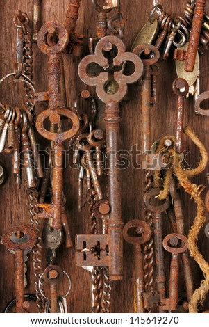 Lots of rusty keys hanging on nails in an old wooden key box.