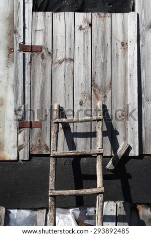 Old wooden ladder on old wooden door