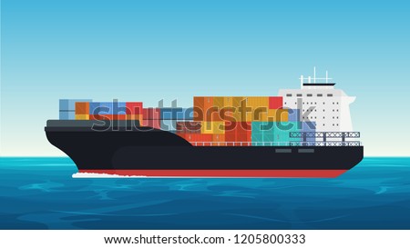 Vector Cargo ship with containers in the ocean. Delivery, transportation, shipping freight transportation.