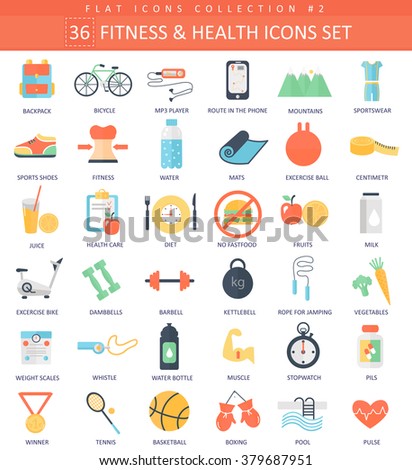Vector fitness and health color flat icon set. Elegant style design. Fitness health icons set, Fitness health icons collection, Fitness health color flat icons, Fitness health icons illustration