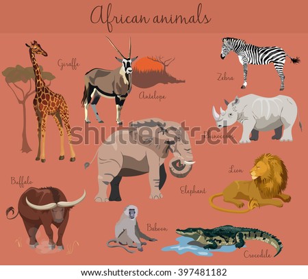 Wild african animals set with nature elements. African animals collection.