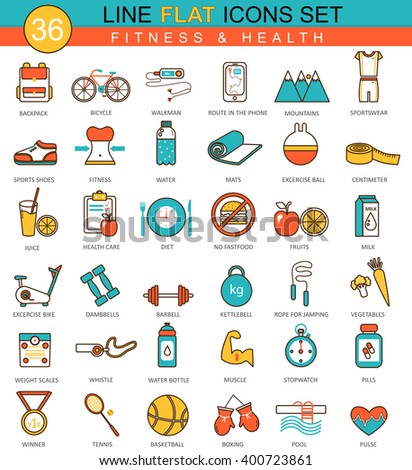 Vector Fitness and health flat line icon set. Modern elegant style design  for web. Fitness health, Fitness health icons collection, Fitness health flat line icons set, Fitness health icons