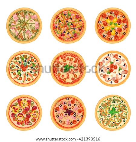Different pizza set collection isolated. Pizza collection, Pizza food set, Pizza illustration, Pizza menu in restaurant, Pizza flat icons, Pizza delivery, Pizza concept, Pizza hot, Pizza italian