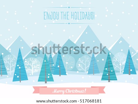 Beautiful Chrismas winter flat landscape background. Christmas forest woods with mountains. New Year vector greeting card