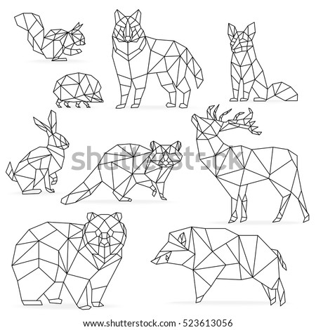 Low poly line animals set. Origami poligonal line animals. Wolf bear deer wild boar fox raccoon rabbit hedgehog