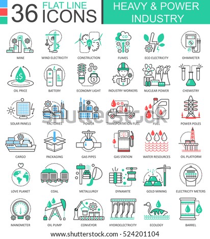 Vector Heavy and power industry flat line outline icons for apps and web design. Heavy power industry high technology icons