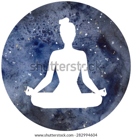 Vector Watercolor Illustration Of Meditation. White Silhouette Of