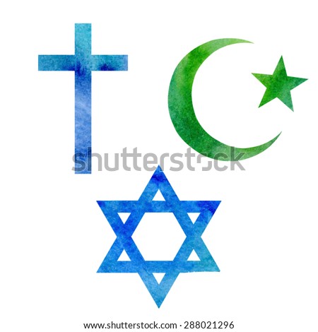 Set of vector watercolor symbols of three Abrahamic or Semitic religions. Christian, Islamic and Jewish signs. Blue cross, dark blue star of David and green star and crescent.