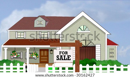 Two Story home with for sale sign with blank sign rider for your own text.