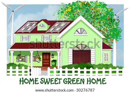 Green home with Solar Panels, wind turbines, and a recycle container on the front porch, all great ways to help our planet by reducing our dependency on oil and coal based energy supplies.