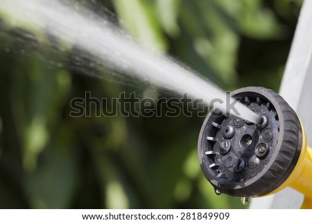 Jet of water rises from the tip of device of irrigation of garden at the sunshine on background of green plants.