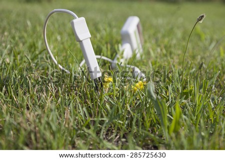 Summer, in the sunlight bright yellow small flowers and bright green grass. Gray plastic plug appliance for measuring, inserting in the ground in the center.