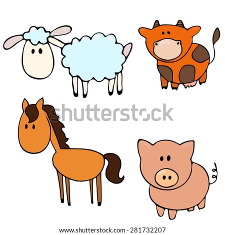 Set of vector cartoon illustrations of farm animals- horse,cow,pig and sheep