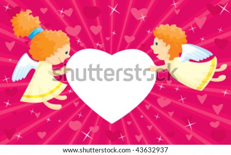 stock vector : Two cupids with heart-shape frame