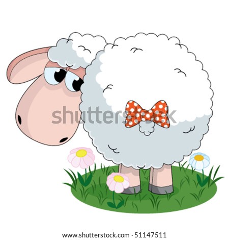 stock-vector-illustration-of-sheep-looking-on-the-tail-with-bow-on-pasture-51147511.jpg