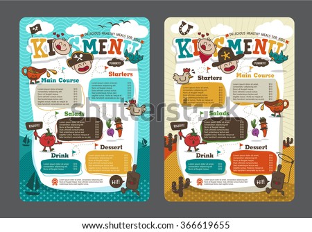 Cute colorful kids meal menu vector template with pirate cartoon and cowboy cartoon