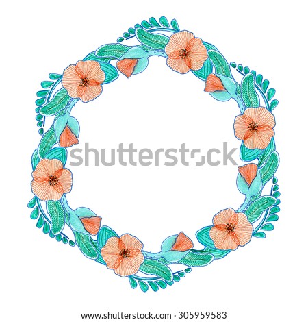 Watercolor floral composition of poppies and leaves. Floral design for invitation, wedding or greeting cards.