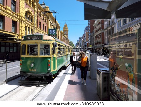 MELBOURNE, AUSTRALIA - NOVEMBER 05, 2014. Route 35 is the famous Melbourne\'s City Circle tram