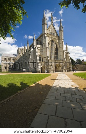 West front of the famous Winchester Cathedral on a beautiful day