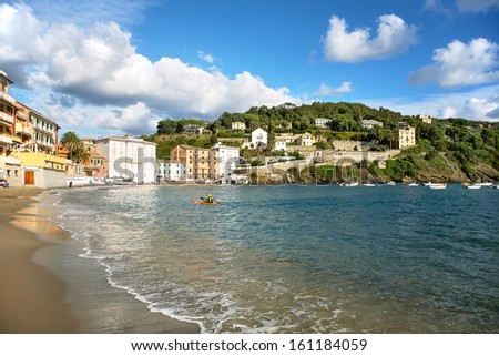 View of beach in Sestri Levante, famous small town in Mediterranean sea, Liguria, Italy