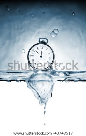 Old pocket watch in the deformed reflexion of time in water
