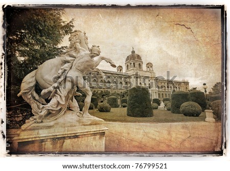 Sculpture and Natural History Museum in old film style. Vienna.