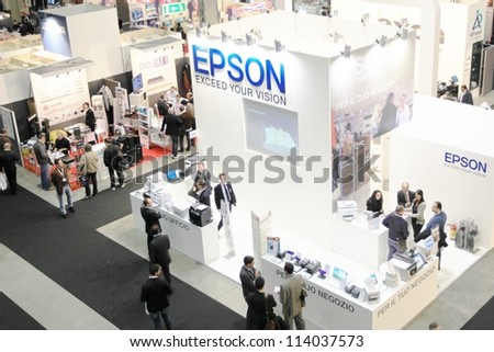 MILAN, ITALY - OCT. 19: People visiting Epson technologies area during SMAU, international fair of business intelligence and information technology October 19, 2011 in Milan, Italy.