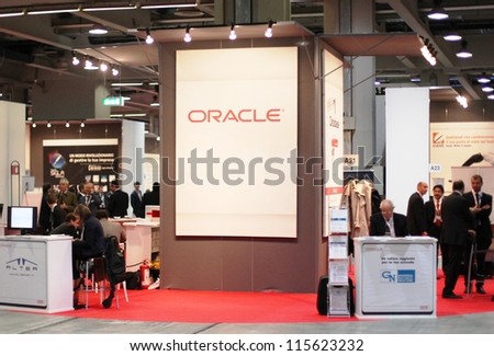 MILAN, ITALY - OCTOBER 21: Oracle exhibition area during SMAU, national fair of business intelligence and information technology October 21, 2009 in Milan, Italy.