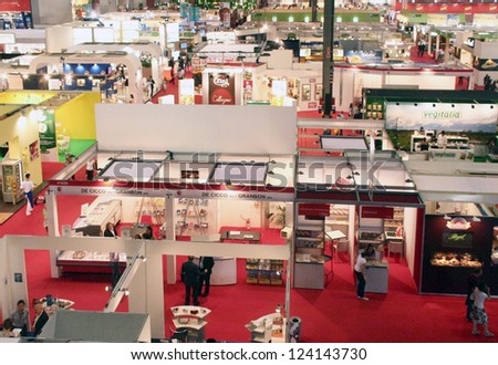 MILAN, ITALY - JUNE 10: Panoramic view of people visiting the regional products stands area at Tuttofood 2009, World Food Exhibition June 10, 2009 in Milan, Italy.