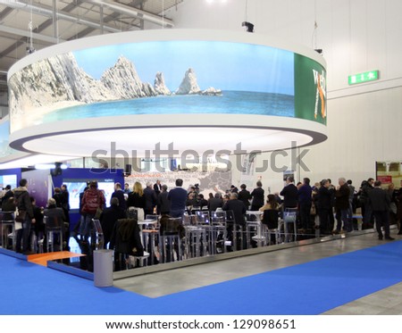 MILAN, ITALY - FEBRUARY 15: People crowd visiting tourism exhibition area at BIT, International Tourism Exchange Exhibition on February 15, 2013 in Milan, Italy.
