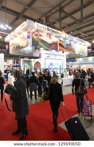 MILAN, ITALY - FEBRUARY 15: People visiting international tourism exhibition area at BIT, International Tourism Exchange Exhibition on February 15, 2013 in Milan, Italy.