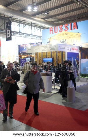 MILAN, ITALY - FEBRUARY 15: People visiting Russia tourism exhibition area at BIT, International Tourism Exchange Exhibition on February 15, 2013 in Milan, Italy.