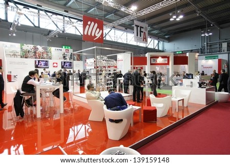 MILAN, ITALY - MAY 20: People at Illy productions exhibition stands at Tuttofood, Milano World Food Exhibition May 20, 2013 in Milan, Italy.