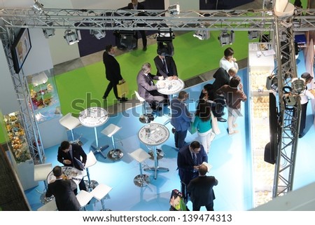 Milan, Italy - May 20: Panoramic View Of People Visiting Local And National Food Productions Exhibition Area At Tuttofood, Milano World Food Exhibition May 20, 2013 In Milan, Italy.
