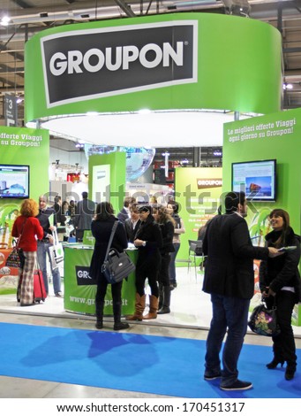 MILAN, ITALY - FEBRUARY 15, 2013: People visit Groupon trade show exhibition area at BIT, International Tourism Exchange Exhibition.
