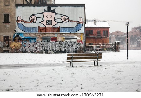 MILANO, ITALY - FEBRUARY 11, 2013: Entrance of Buden Powell park under snow during a storm in Milano, Italy.
