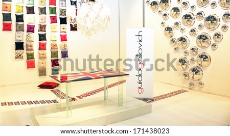 MILAN, ITALY - FEBRUARY 26: Colored interiors accessories and design products exposition at Milano Fashion Week.