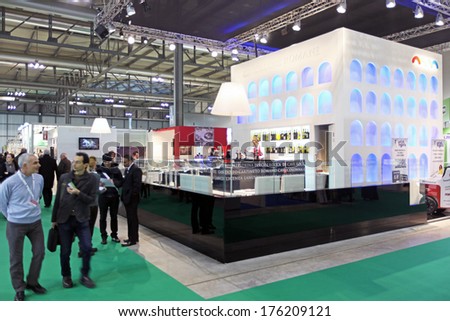 MILANO, ITALY - FEBRUARY 16, 2012: People visit local wines products area at BIT, International Tourism Exchange Exhibition in Milan, Italy.