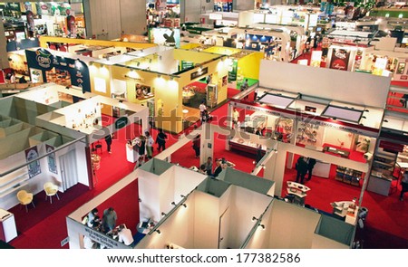 MILANO, ITALY - MAY 10, 2009: Panoramic view of regional and local food productions stands exhibition area at Tuttofood 2009, World Food Exhibition in Milano, Italy.
