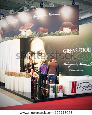 MILANO, ITALY - MAY 20, 2013: People visit Greens Food productions exhibition stands at Tuttofood, Milano World Food Exhibition in Milan, Italy.