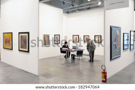 MILANO, ITALY - APRIL 07, 2013: A paintings gallery at MiArt, international exhibition of modern and contemporary art in Milano, Italy.